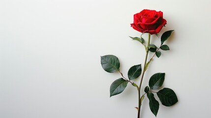 Red rose with space for text on white backdrop