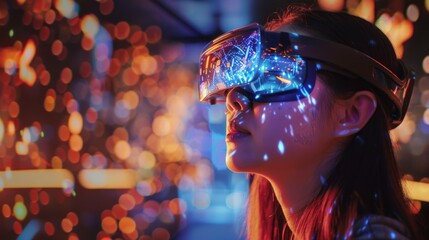 Fototapeta premium Young woman experiencing immersive virtual reality wearing a glowing VR headset against a backdrop of colorful bokeh lights.