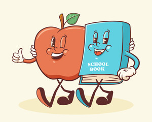 Groovy Back to School Retro Characters. Cartoon Apple and Book. Vector Education Mascot Templates. Happy Vintage Cool Learning Personage Illustrations Isolated
