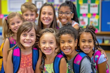 Fototapeta premium A diverse group of children, each with uniquely colored backpacks, posing happily in front of their classroom