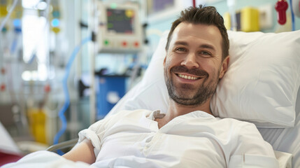 Smiling man donating blood on International Charity Day, promoting health and generosity.