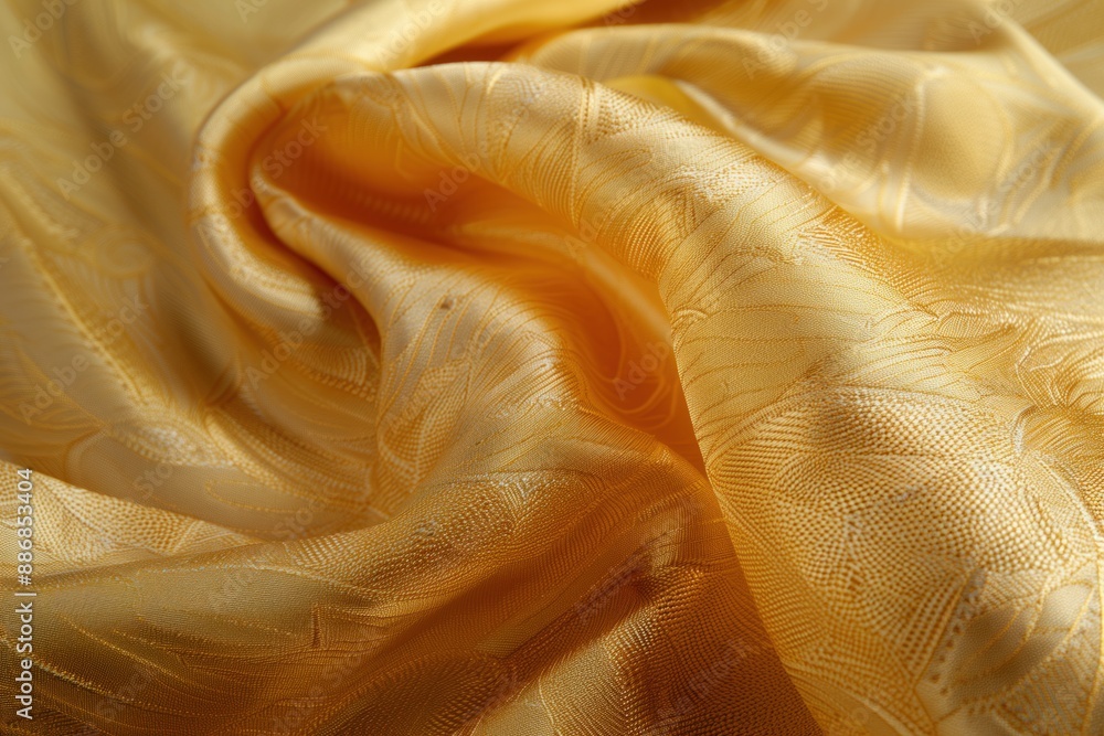 Poster Golden brocade fabric texture close-up shot. Intricate pattern and smooth surface fold design creates depth dimension. Focus on luxurious material with blurred background.