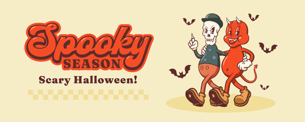 Halloween Groovy Skeleton and Demon Retro Characters. Cartoon Spooky Personage Banner. Vector Autumn Holiday Mascot Template. Happy Vintage Cool Illustration Isolated