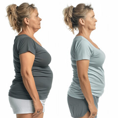 Before and after success weight loss transformation, caucasian middle age woman