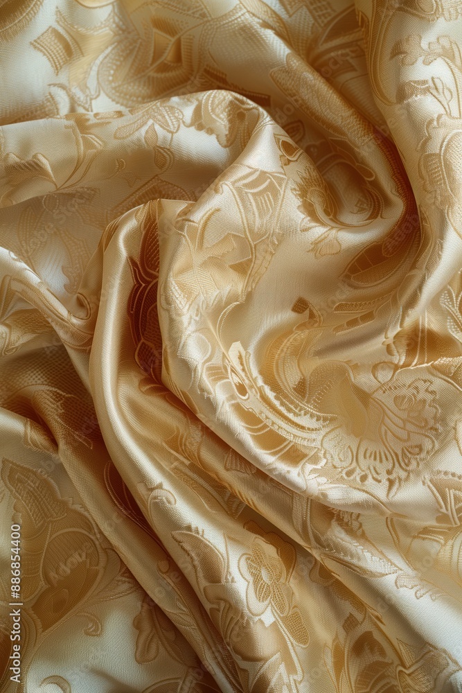 Poster Gold and white floral patterned fabric with intricate design folded to reveal texture. Close-up view of brocade cloth with smooth surface. Light gray background contrasts with vibrant colors.