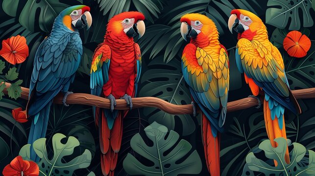 Colorful illustration of parrots perched on tree branches, showcasing their vivid plumage and exotic charm. Illustration, Image, , Minimalism,