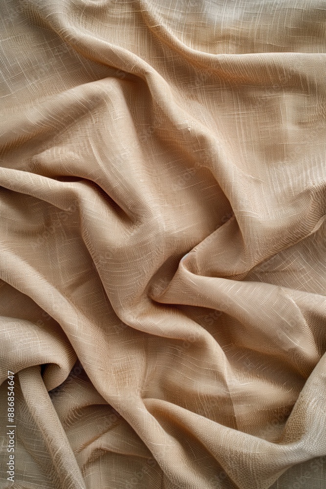 Poster Close-up view of beige fabric with intricate texture and pattern. Fabric folded to reveal depth and dimension. Soft material like cotton or linen. Blurred background highlights details.