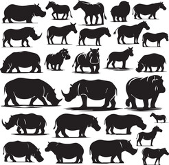 Hippo Silhouette Of Bundle, Black Color Isolated On White Background Vector And White Background