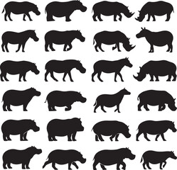 Hippo Silhouette Of Bundle, Black Color Isolated On White Background Vector And White Background