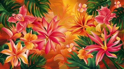 Beautiful tropical flowers and leaves on color background