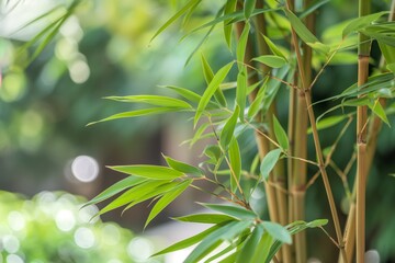 A lush green bamboo plant with leaves that are long and thin. The plant is surrounded by a green background, giving it a peaceful and serene atmosphere