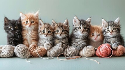 Cute illustration of a group of kittens tangled in yarn, showcasing playful antics and feline curiosity. Illustration, Image, , Minimalism,