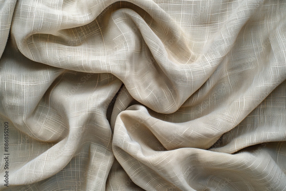 Poster Close-up view of beige fabric with subtle pattern. Soft texture adds depth to scene. Wrinkled surface gives casual appearance. Blurred background focuses on fabric details.