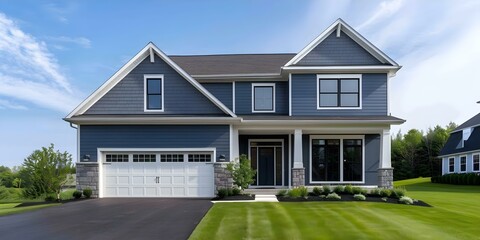 Naklejka premium Contemporary Home Design Blue Siding, Stone Wall, and Two-Car Garage. Concept Contemporary Home Design, Blue Siding, Stone Wall, Two-Car Garage