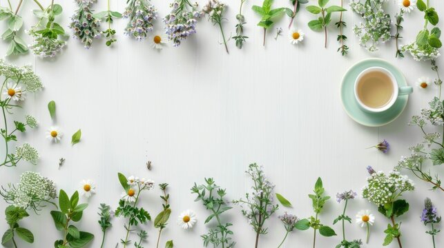 herbal tea concept promotion featuring elegant tea set herbs displayed on white background with space for custom text