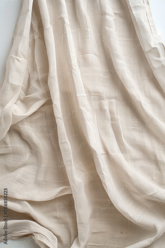 Aufkleber Beige fabric texture close-up. Folded curtain or sheet reveals intricate patterns and depth. Smooth surface with natural canvas cloth appearance. Stark white background highlights beige color.