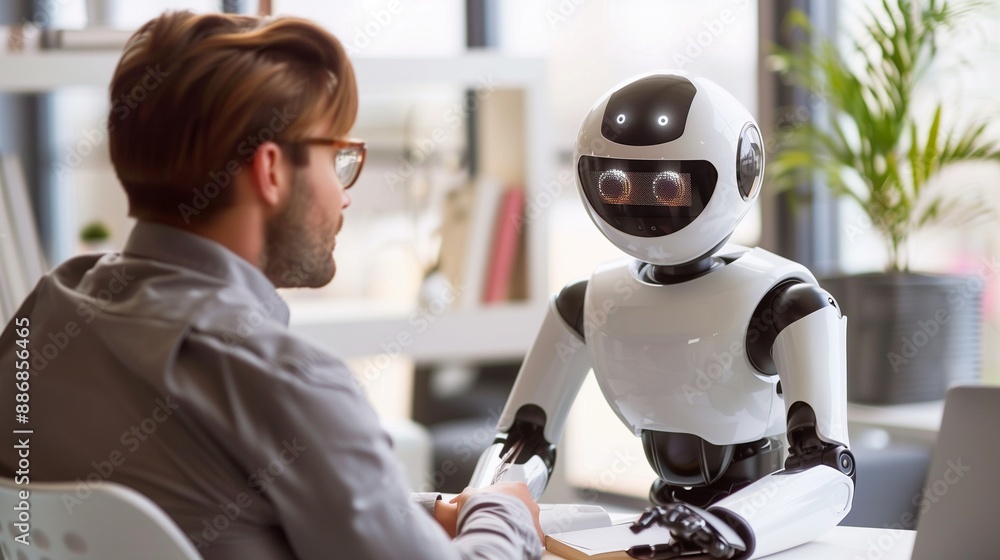 Poster a futuristic job interview scene featuring a human candidate and an ai robot, symbolizing the rise o