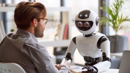 A futuristic job interview scene featuring a human candidate and an AI robot, symbolizing the rise of automation and the potential for human replacement in the workforce.