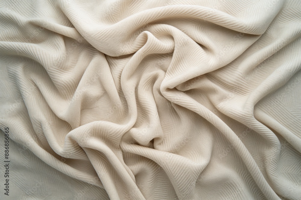Poster Close-up view of crumpled beige fabric with intricate pattern and folds. Soft natural texture of cashmere-like material caught in mid-fold. Blurred background emphasizes fabric details.
