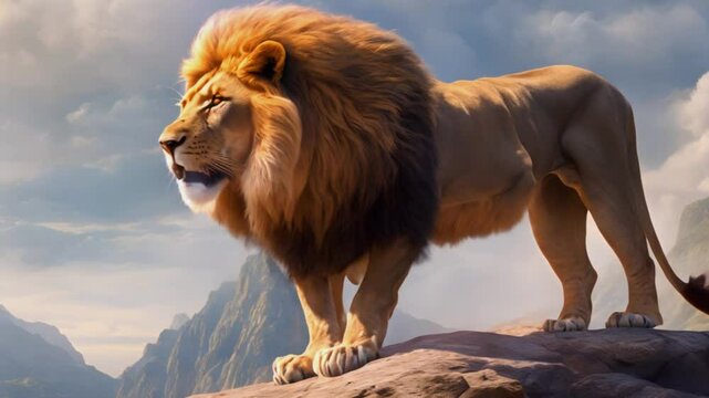 a lion roaring on a rocky mountain cliff