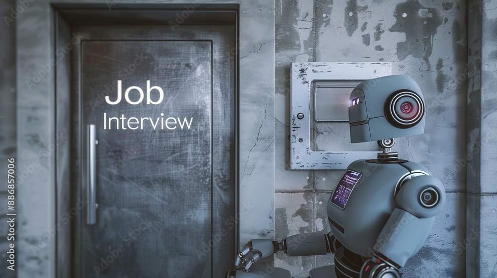 Poster a robot stands by a door labeled job interview, symbolizing the rise of ai and automation in the wor