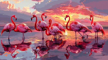 Vibrant artwork of a group of flamingos wading in shallow water, with reflections of the sunset sky. Illustration, Image, , Minimalism,