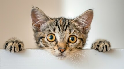 Obraz premium Cute Kitten Peeking Over Edge With Curious Expression and Paw Out