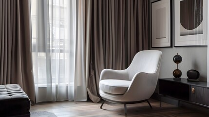 Modern room interior with armchair and curtains.