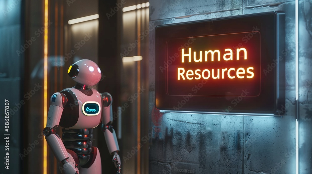 Poster a robot stands by a door labeled human resources, symbolizing the intersection of process automation