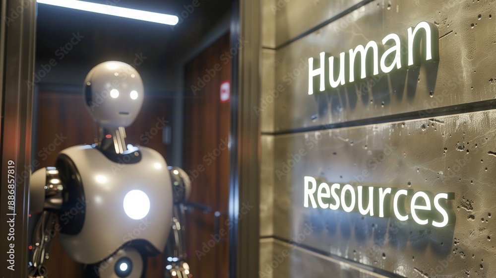 Poster a robot stands by a door labeled job interview, symbolizing the rise of ai and automation in the wor