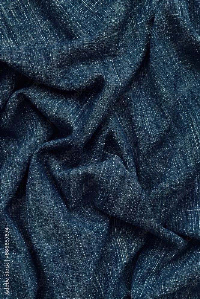 Poster Fabric close-up shows blue and white striped pattern with diagonal lines. Smooth surface texture reveals intricate design from front to back. Focus on fabric details with blurred background.