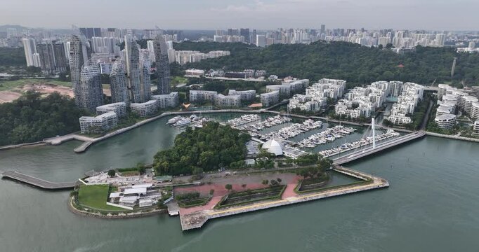 Keppel Bay Marina port at Singapore, aerial drone view. Leisure and recreaational port.