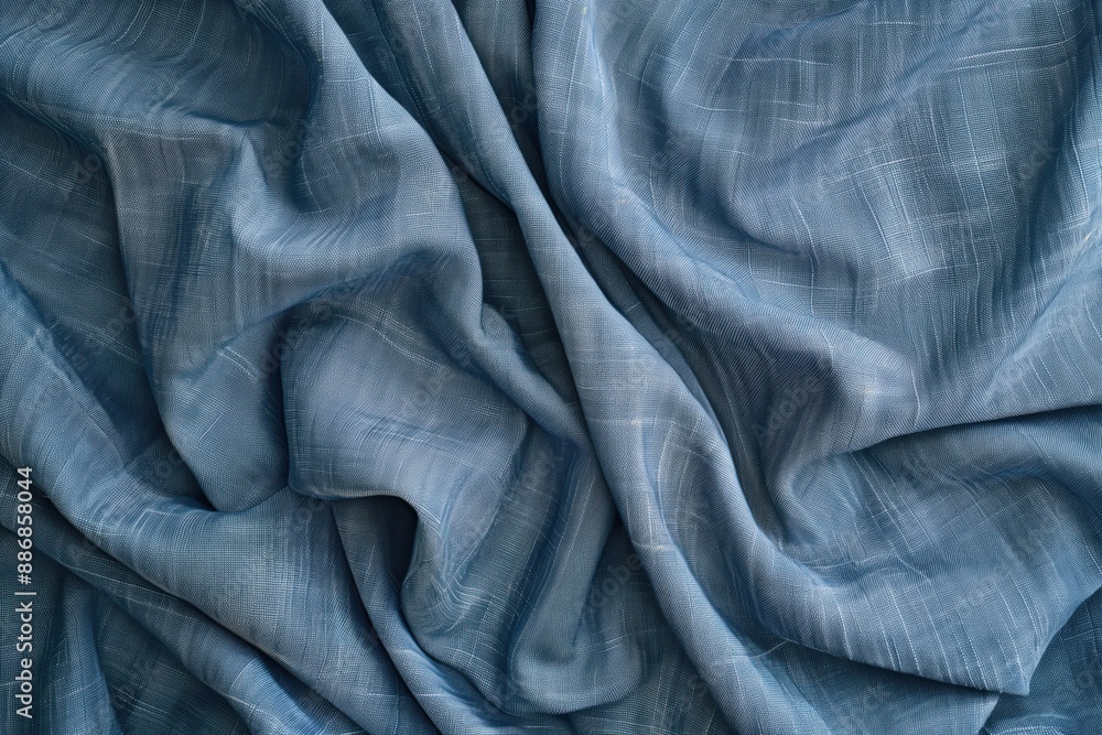 Poster Blue fabric texture close-up. Smooth surface with subtle weave pattern. Intentionally blurred background highlights intricate details. Perfect for textile design, fashion, and product photography.