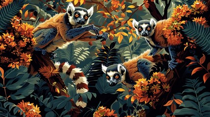 Playful artwork of a group of lemurs leaping through trees in a Madagascar jungle, with lush foliage. Illustration, Image, , Minimalism,