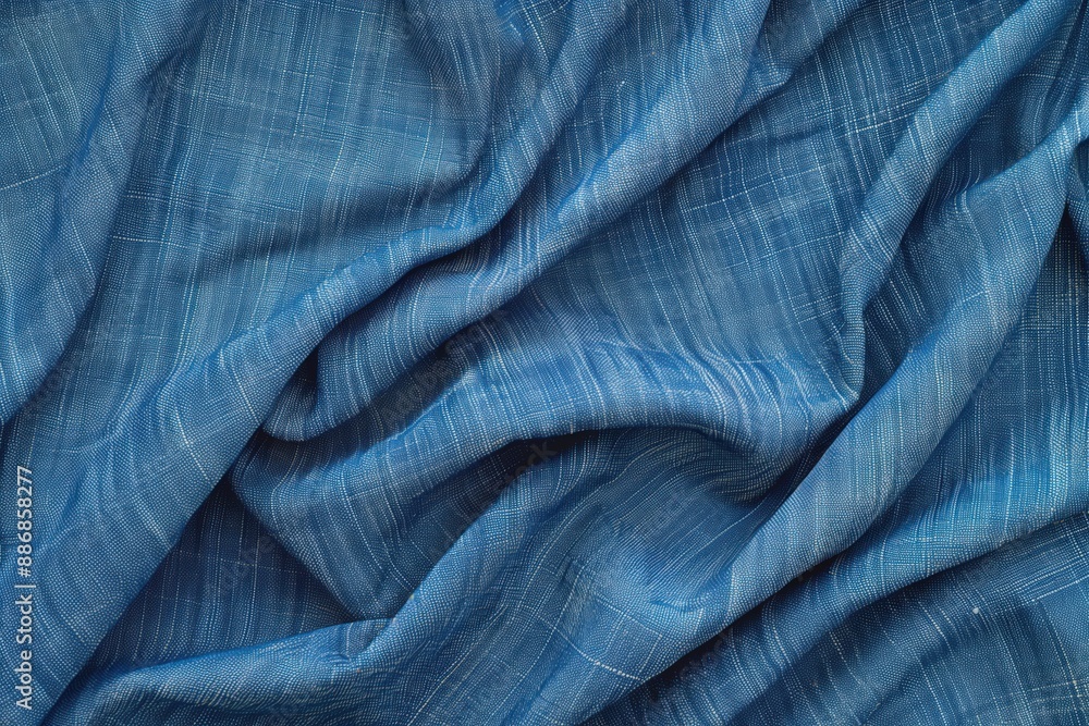 Poster blue fabric with white stripe texture. close-up view of woven material with smooth surface. wrinkled