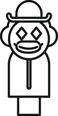 Black and white line art of a clown head lollipop wearing a hat and smiling