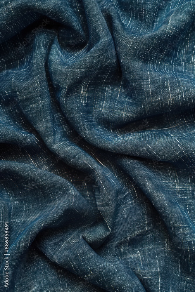 Poster Blue and white striped fabric texture with diagonal pattern. Close-up view of folded cloth revealing intricate design. Smooth surface, blurred background highlights fabric details.