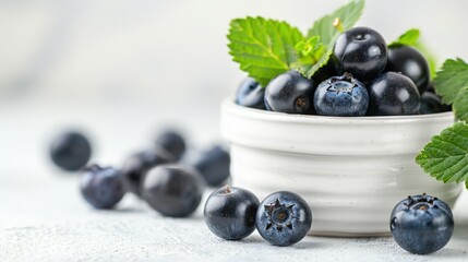   A white bowl holds blueberries, surrounded by green leaves on a white table