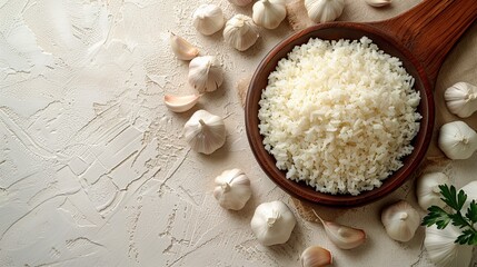 Top view of wooden spoon with minced garlic on white table, isolated on plain background