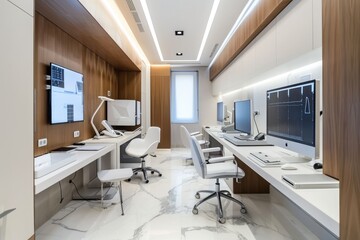 Modern Medical Office Interior with White Desks and Monitors