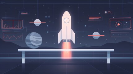 A sleek aerospace facility with interactive digital space exploration tools and neon-lit spacecraft designs