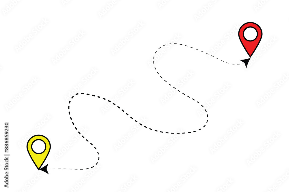 Poster route icon between two points with dotted path and location pin. location pointer continuous one lin
