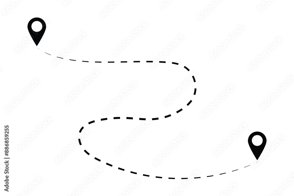 Poster route icon between two points with dotted path and location pin. location pointer continuous one lin