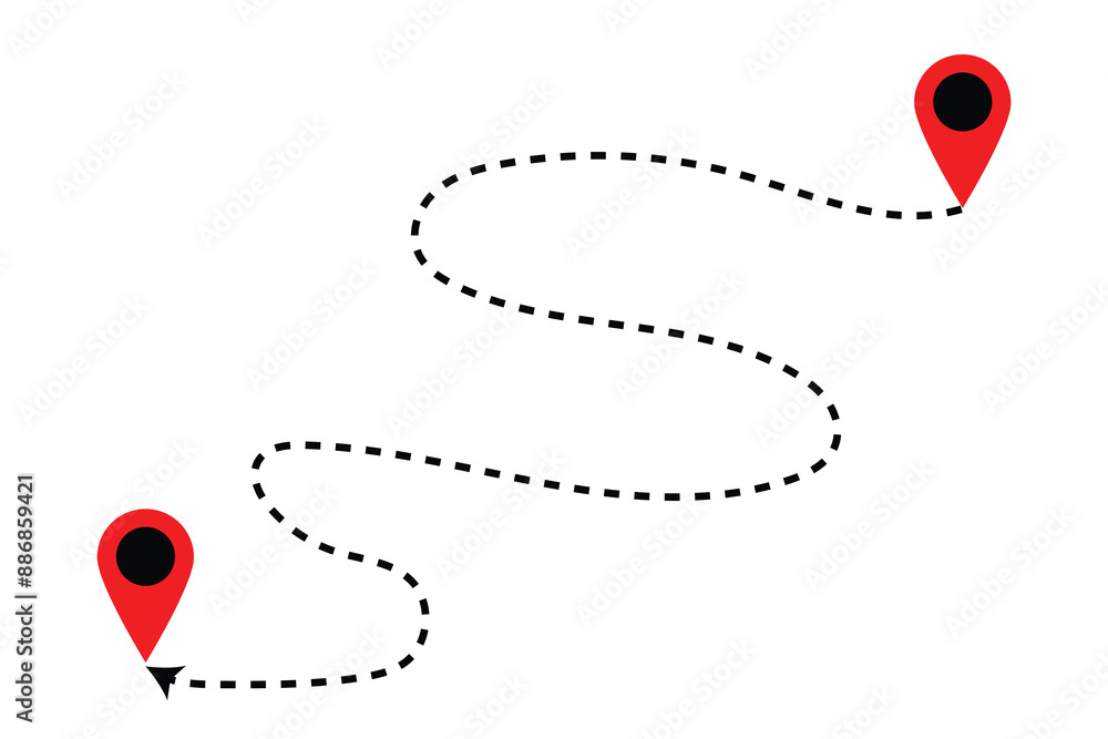 Poster route icon between two points. location pins. dotted path and location pin. gps navigation line rout