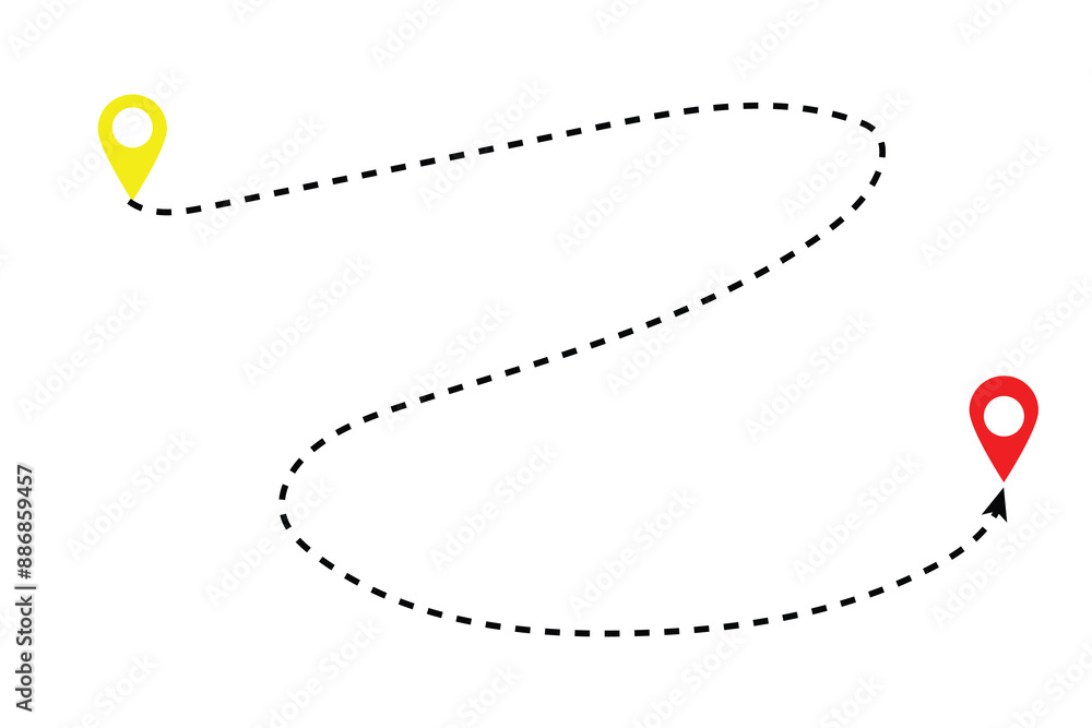 Poster route icon between two points. location pins. dotted path and location pin. gps navigation line rout