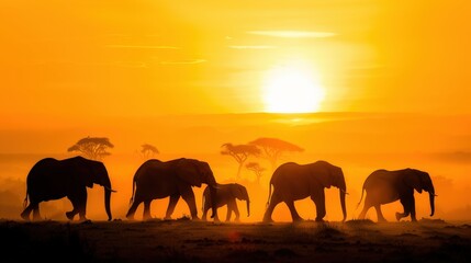 Fototapeta premium Silhouette of a Family of Elephants Walking Through the African Savanna at Sunset
