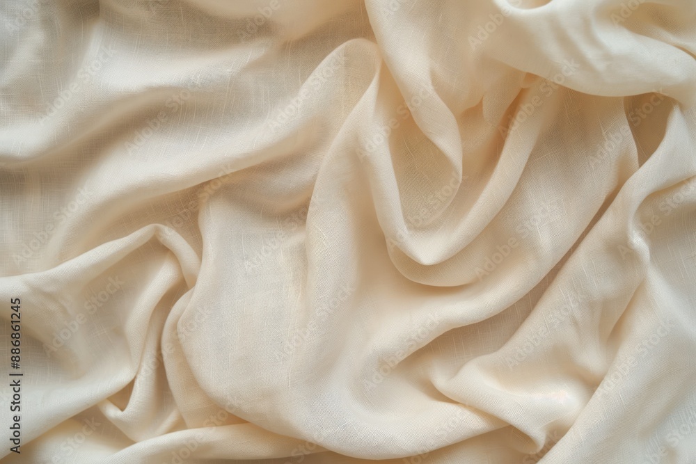 Poster Close-up view of white cotton fabric with subtle texture and folds. Soft focus background highlights smooth surface. Ideal for textile design, fashion, or home decor projects.