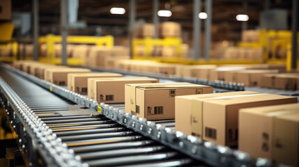 generated illustration of cardboard boxes sitting on a conveyor line at a production facility,