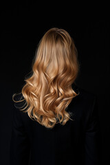Fototapeta premium a professional photography studio, with a clean black background, showing a young woman with her back to the camera, wearing a party outfit wearing a suit with blonde hair