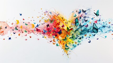   A group of colorful butterflies flying in the air against a white sky background